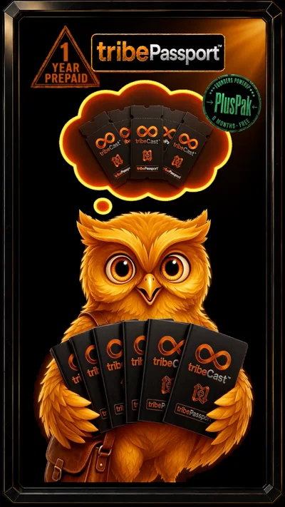Poster for the PlusPak video: an orange owl holding tribePassport boxes